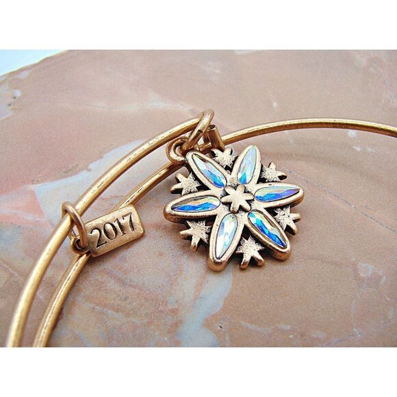 Alex & Ani Slide Bangle Charm Bracelet Crystal Snowflake Path Symbols Gold Tone - Picture 2 of 7